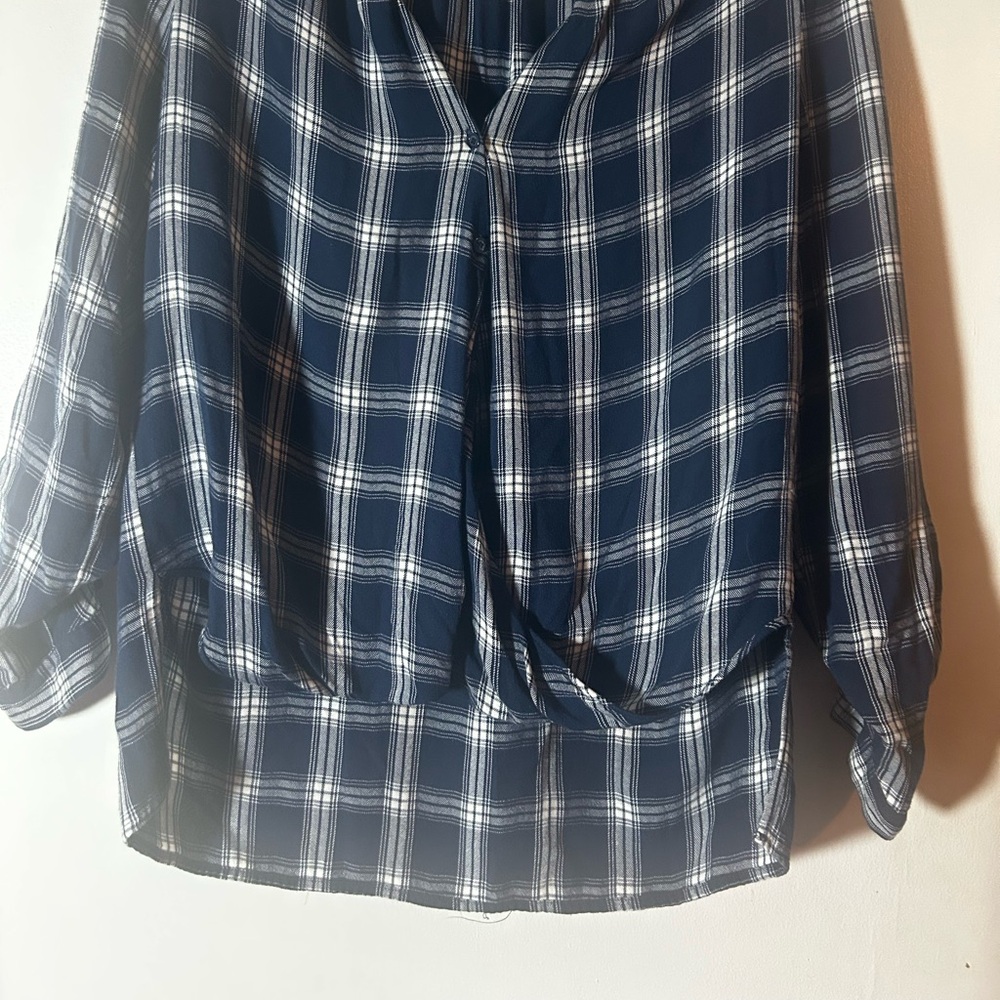 A N A Large Blue White Plaid Top with Drape Front